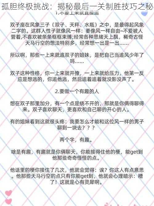 孤胆终极挑战：揭秘最后一关制胜技巧之秘