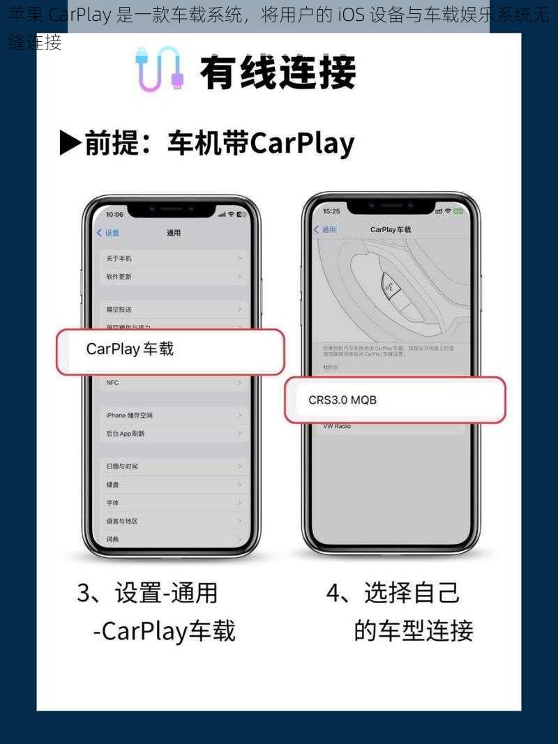 苹果 CarPlay 是一款车载系统，将用户的 iOS 设备与车载娱乐系统无缝连接