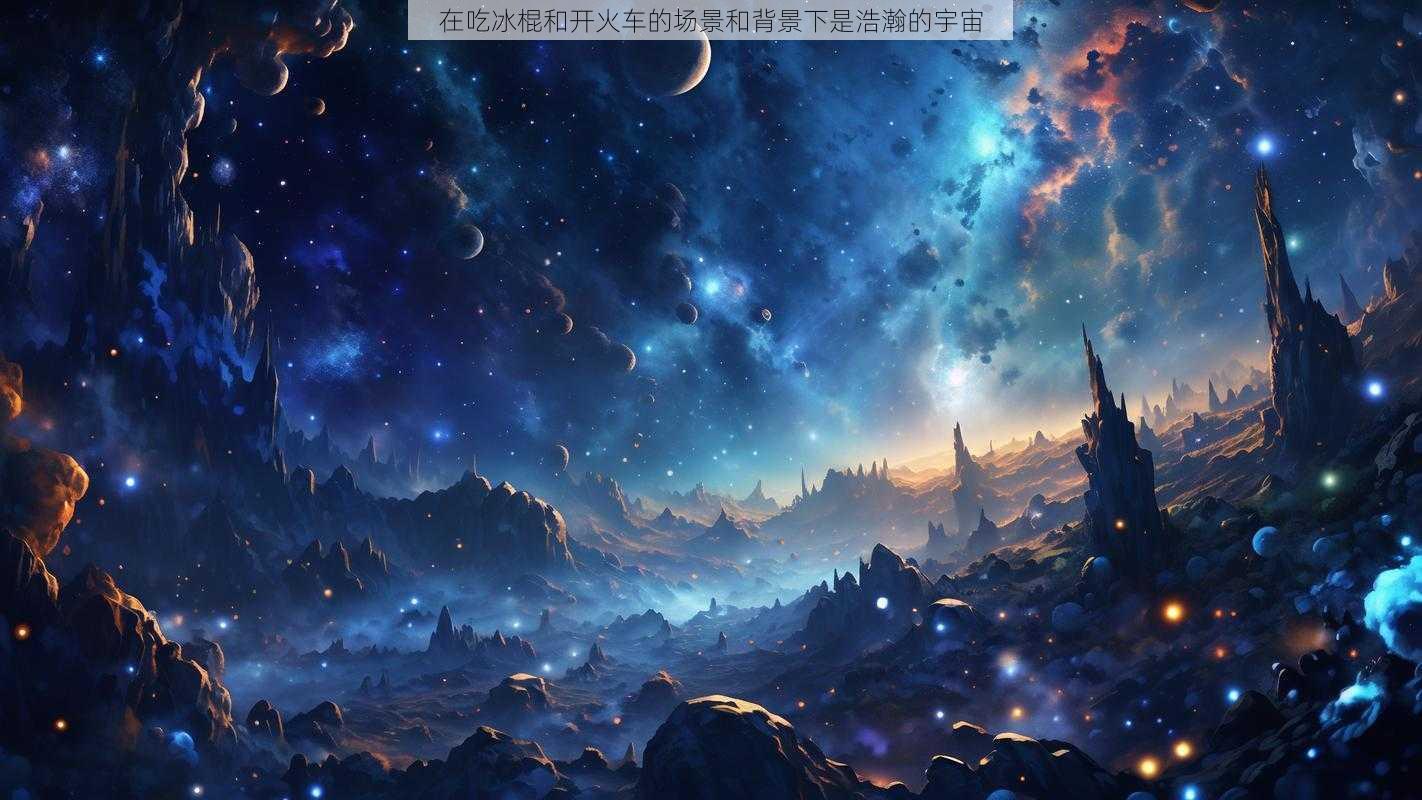 在吃冰棍和开火车的场景和背景下是浩瀚的宇宙