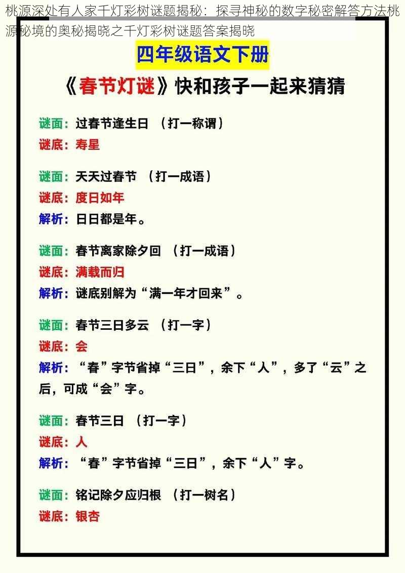 桃源深处有人家千灯彩树谜题揭秘：探寻神秘的数字秘密解答方法桃源秘境的奥秘揭晓之千灯彩树谜题答案揭晓